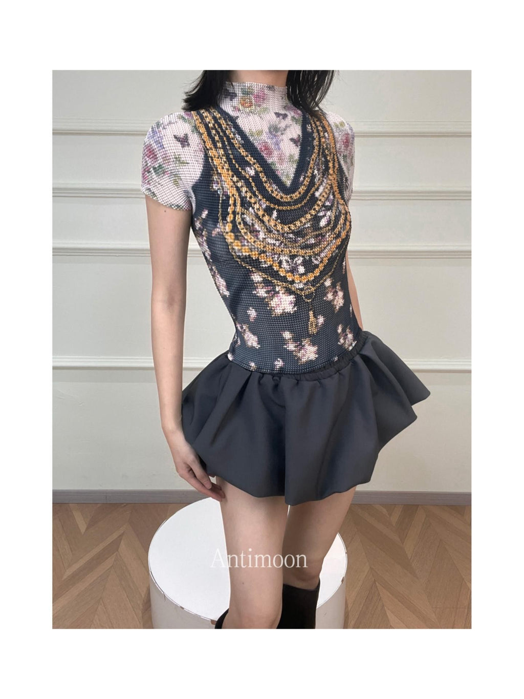 ANTIMOON Pixel Cartoon Print Ruched Sleeves Women's Polyester Short Sleeve T-shirts