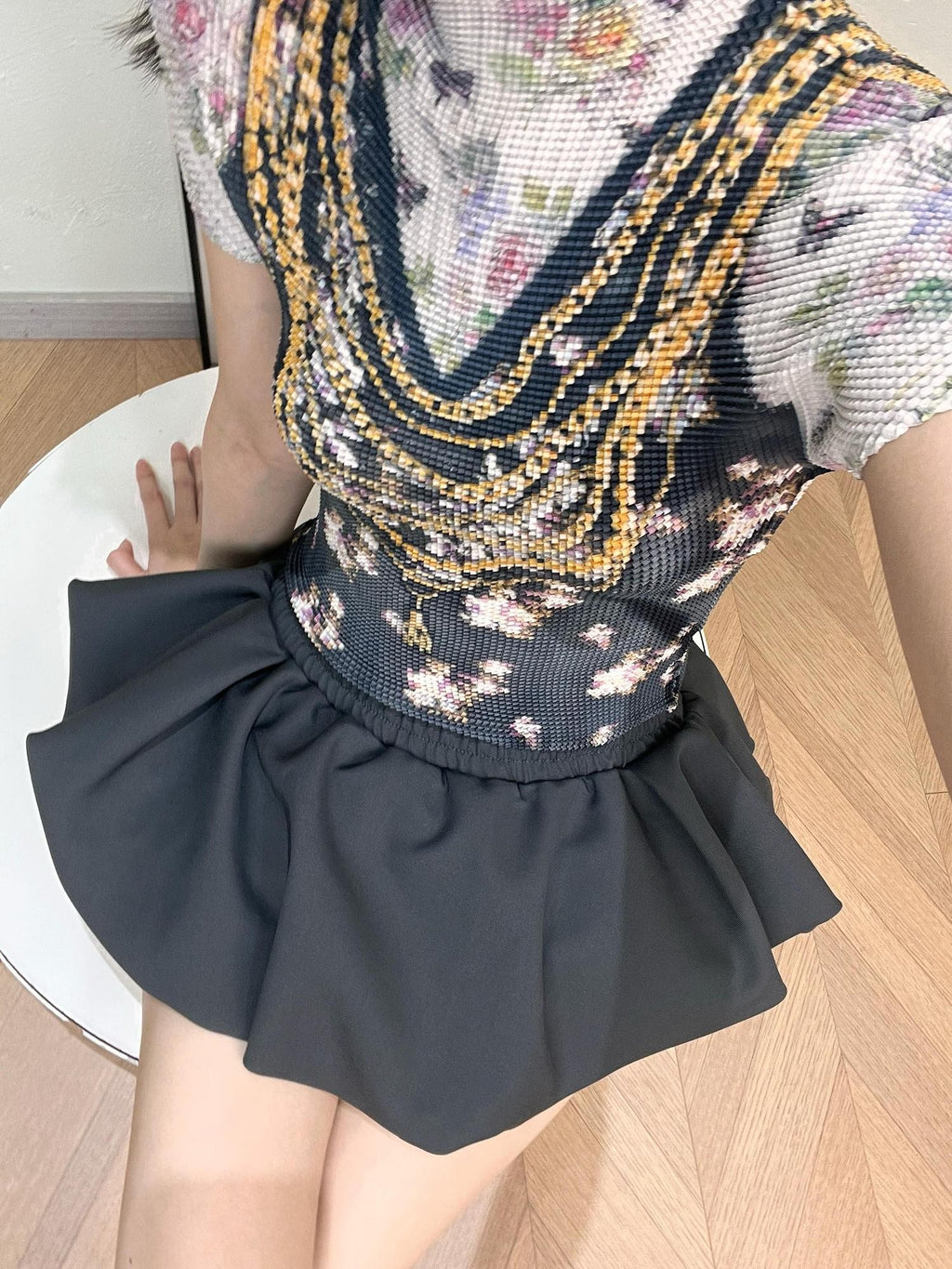 ANTIMOON Pixel Cartoon Print Ruched Sleeves Women's Polyester Short Sleeve T-shirts