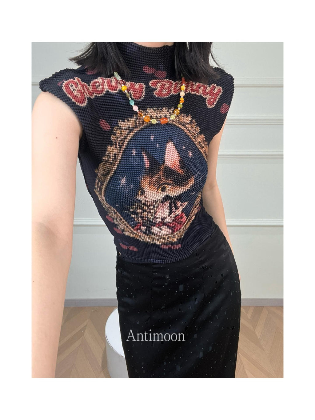 ANTIMOON Pixel Cartoon Print Ruched Sleeves Women's Polyester Short Sleeve T-shirts