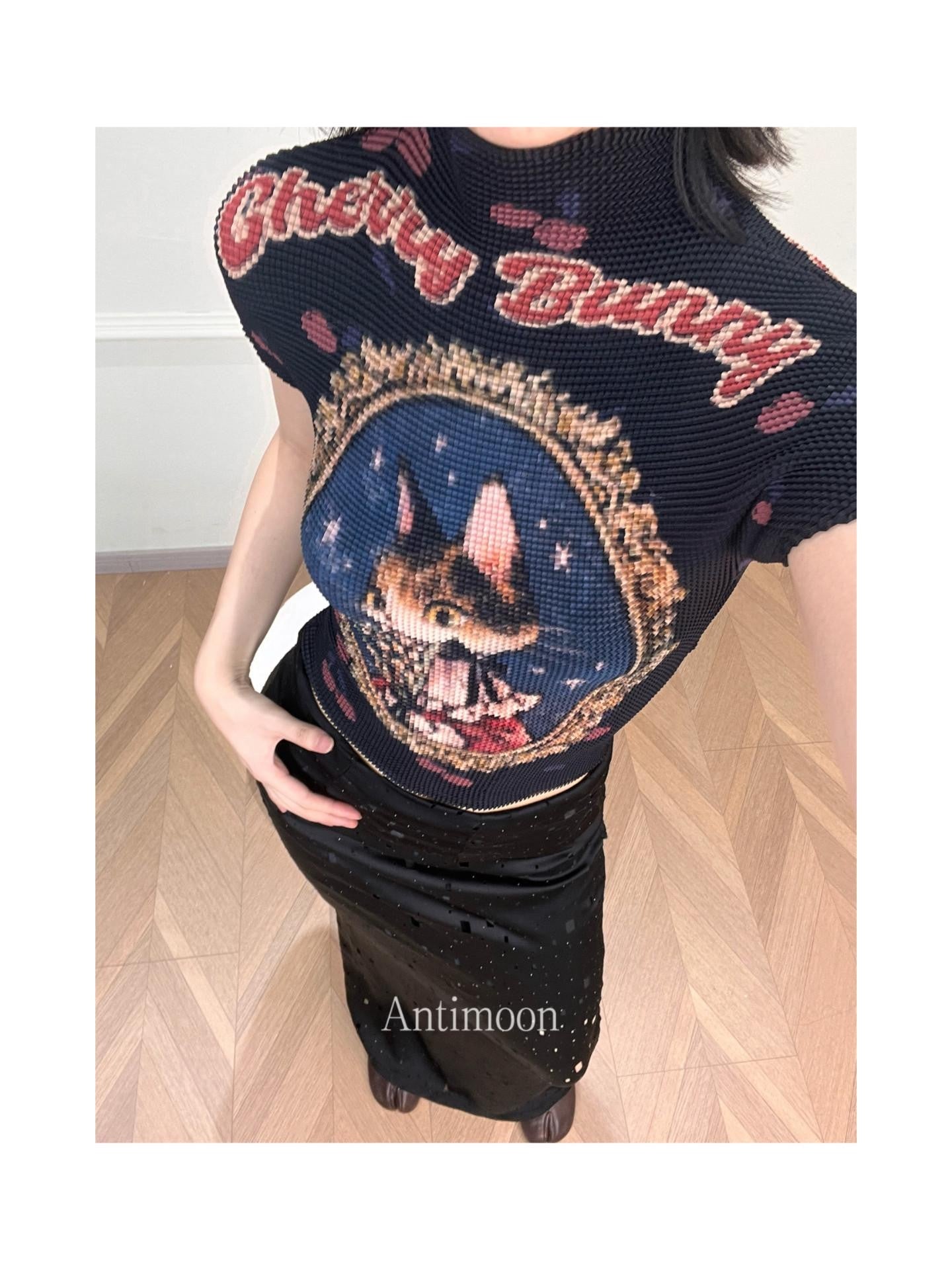 ANTIMOON Pixel Cartoon Print Ruched Sleeves Women's Polyester Short Sleeve T-shirts