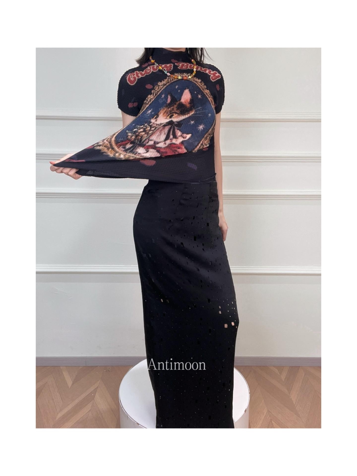 ANTIMOON Pixel Cartoon Print Ruched Sleeves Women's Polyester Short Sleeve T-shirts