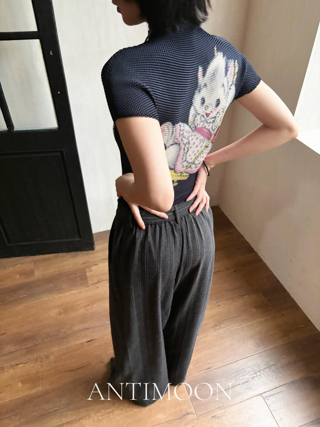 ANTIMOON Pixel Cartoon Print Ruched Sleeves Women's Polyester Short Sleeve T-shirts