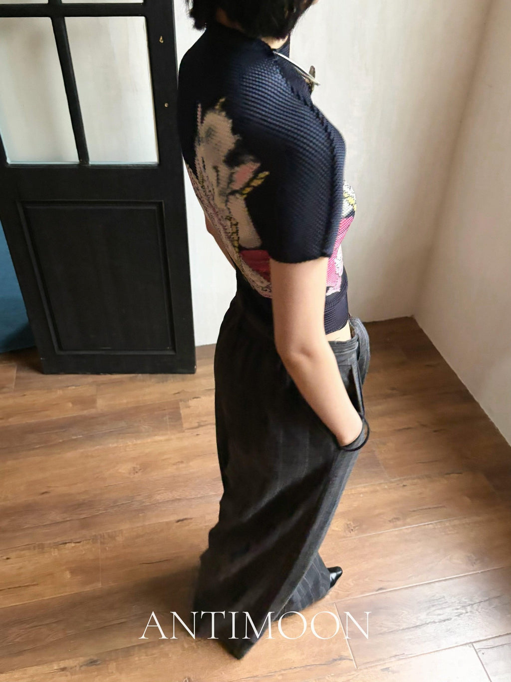 ANTIMOON Pixel Cartoon Print Ruched Sleeves Women's Polyester Short Sleeve T-shirts