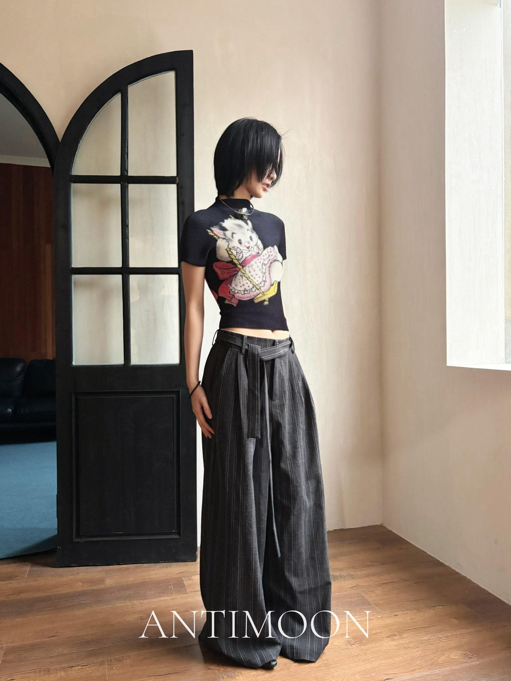 ANTIMOON Pixel Cartoon Print Ruched Sleeves Women's Polyester Short Sleeve T-shirts