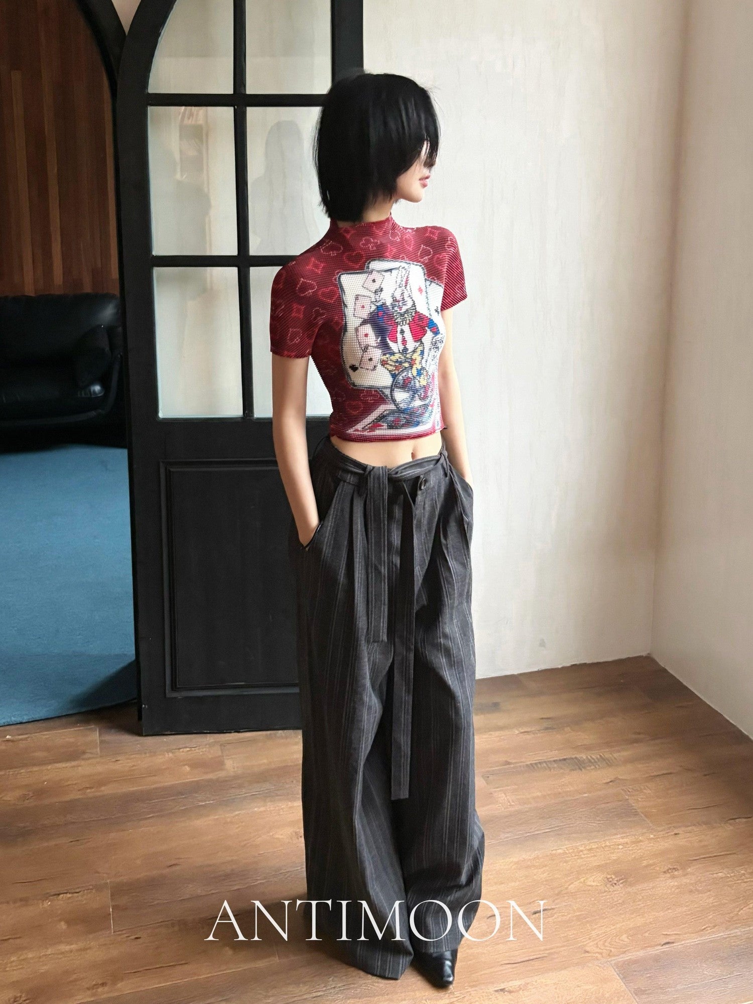 ANTIMOON Pixel Cartoon Print Ruched Sleeves Women's Polyester Short Sleeve T-shirts