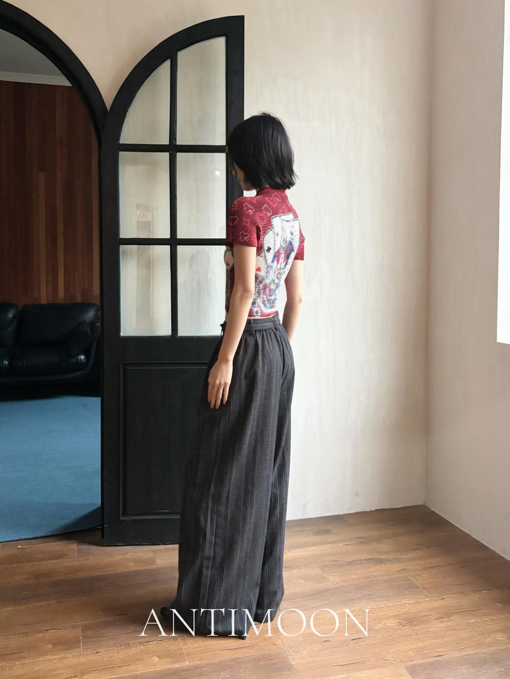 ANTIMOON Pixel Cartoon Print Ruched Sleeves Women's Polyester Short Sleeve T-shirts