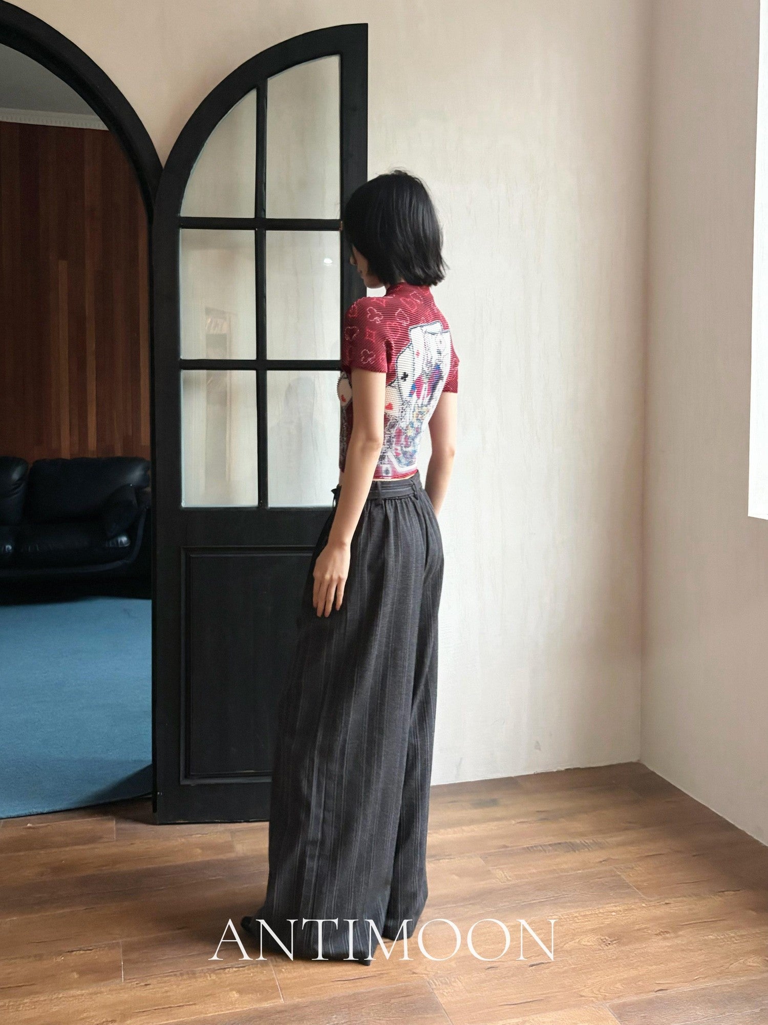 ANTIMOON Pixel Cartoon Print Ruched Sleeves Women's Polyester Short Sleeve T-shirts