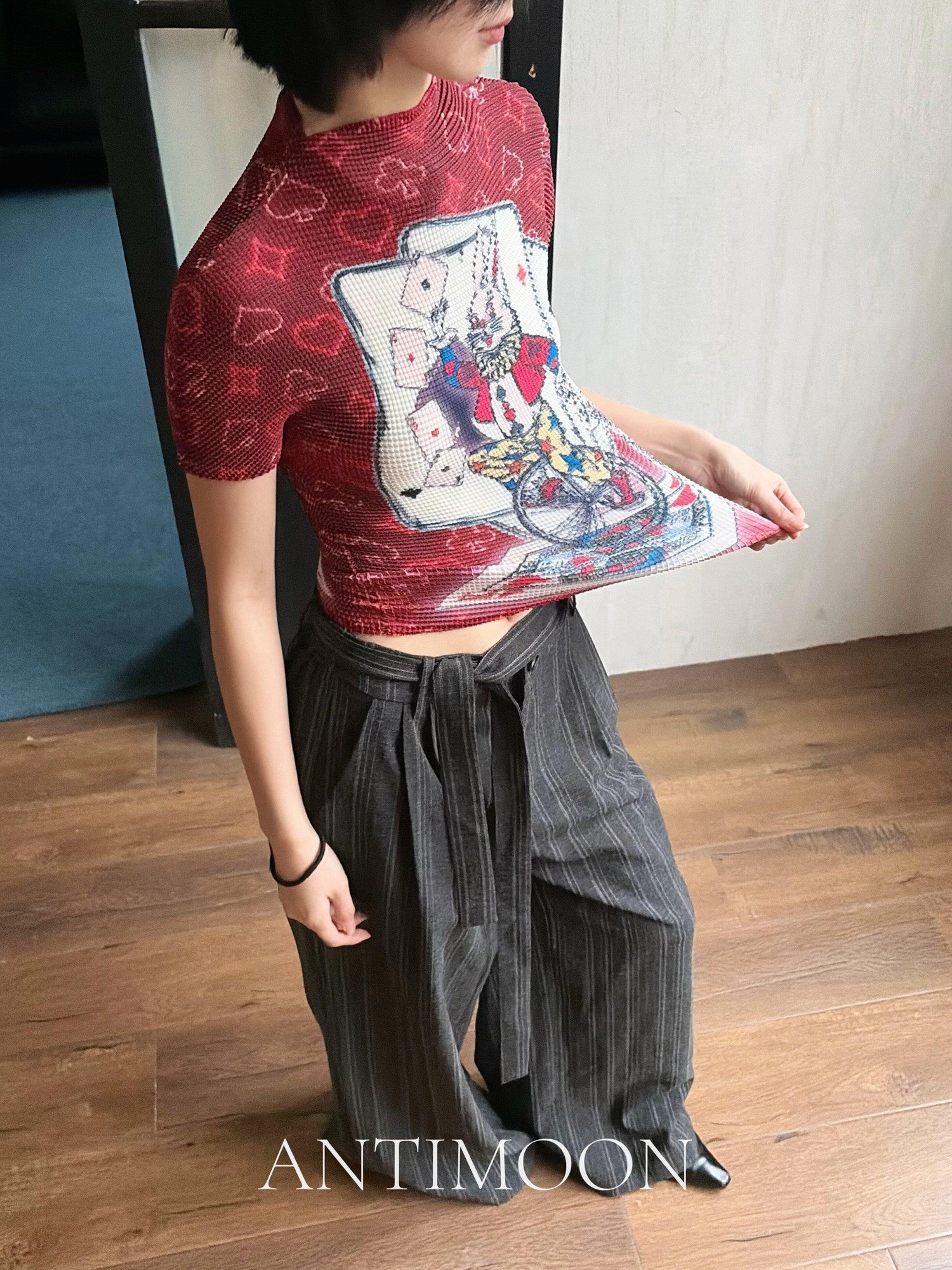 ANTIMOON Pixel Cartoon Print Ruched Sleeves Women's Polyester Short Sleeve T-shirts