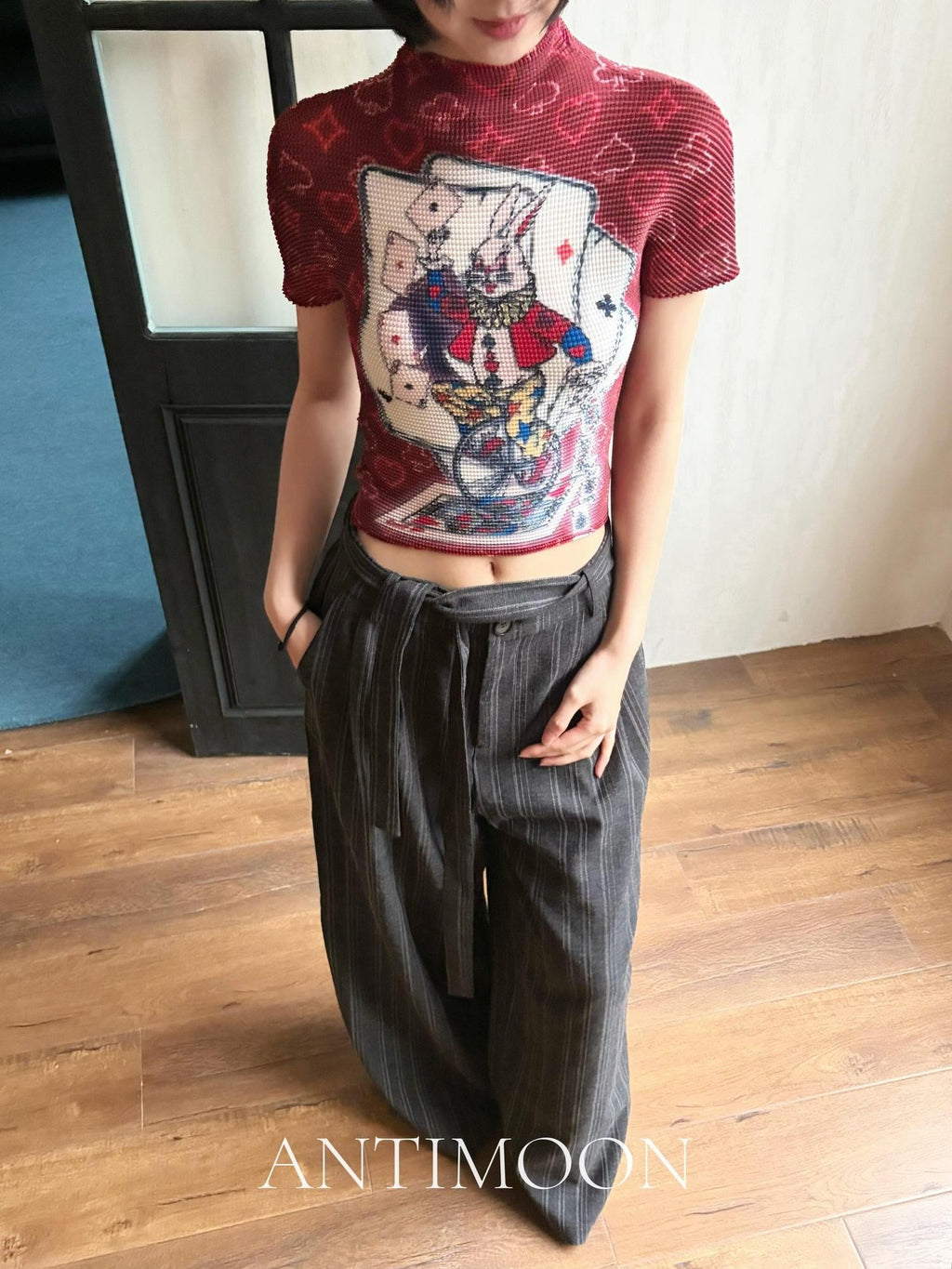 ANTIMOON Pixel Cartoon Print Ruched Sleeves Women's Polyester Short Sleeve T-shirts