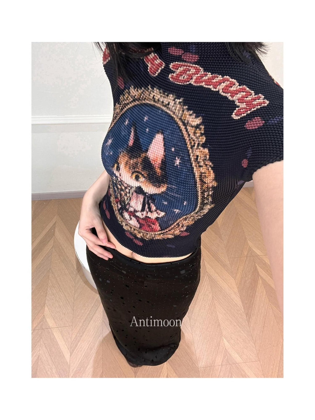 ANTIMOON Pixel Cartoon Print Ruched Sleeves Women's Polyester Short Sleeve T-shirts