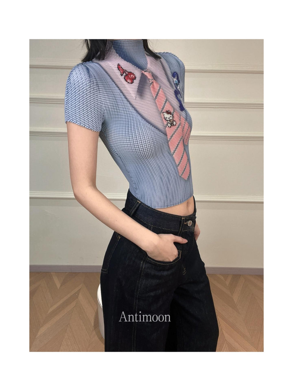 ANTIMOON Pixel Cartoon Print Ruched Sleeves Women's Polyester Short Sleeve T-shirts
