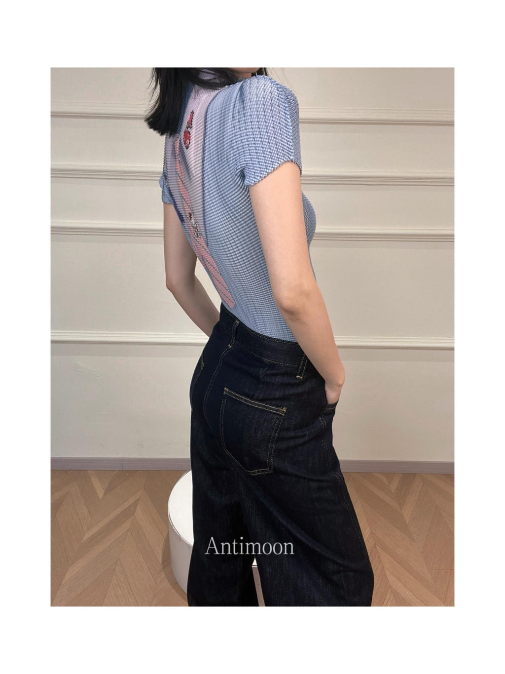 ANTIMOON Pixel Cartoon Print Ruched Sleeves Women's Polyester Short Sleeve T-shirts