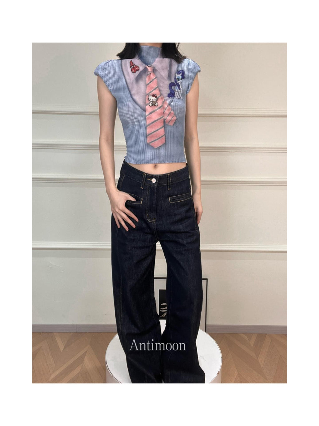 ANTIMOON Pixel Cartoon Print Ruched Sleeves Women's Polyester Short Sleeve T-shirts