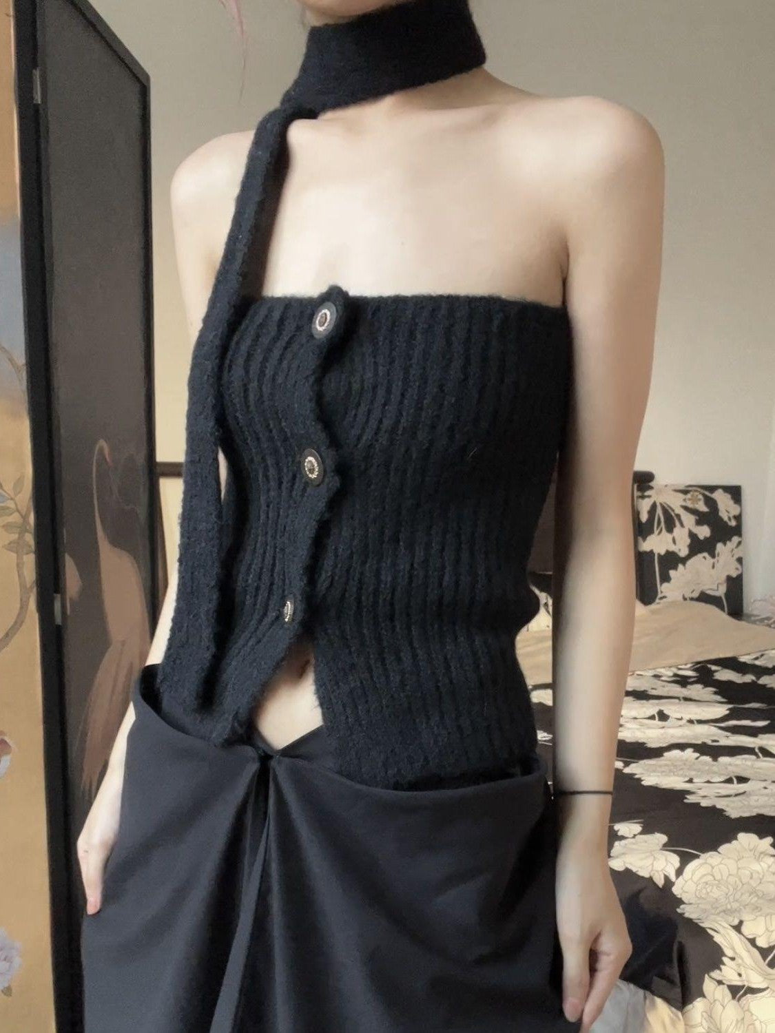 ANTIMOON Playful Knit Halter With Scarf Two Piece Women's Polyester Tube Tops