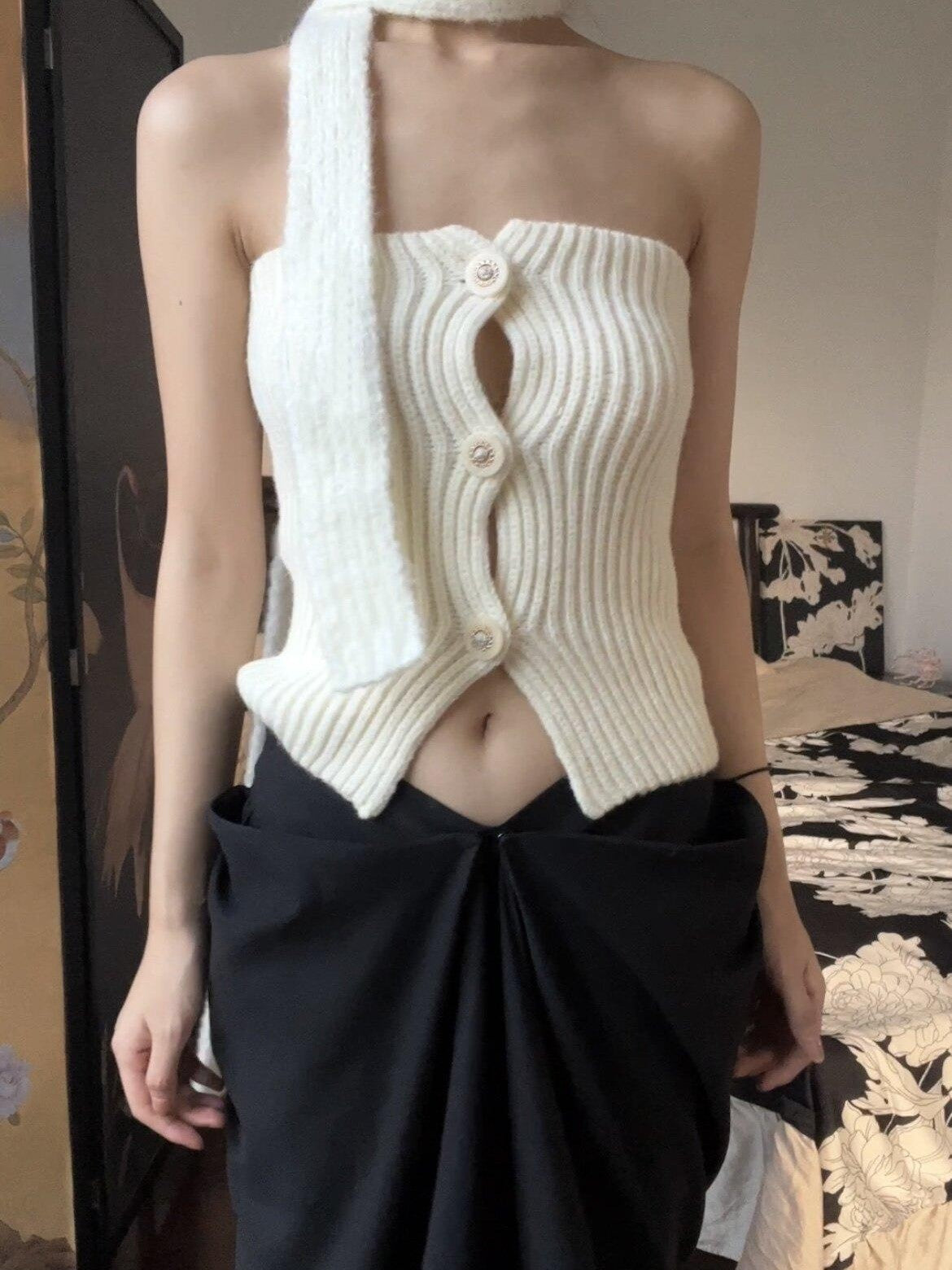 ANTIMOON Playful Knit Halter With Scarf Two Piece Women's Polyester Tube Tops