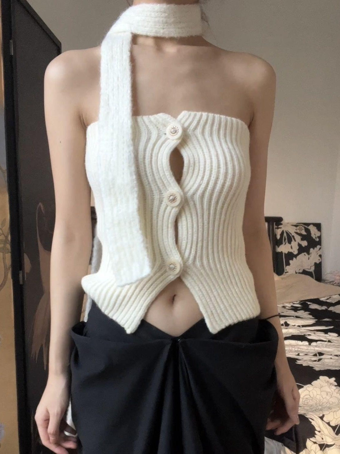 ANTIMOON Playful Knit Halter With Scarf Two Piece Women's Polyester Tube Tops
