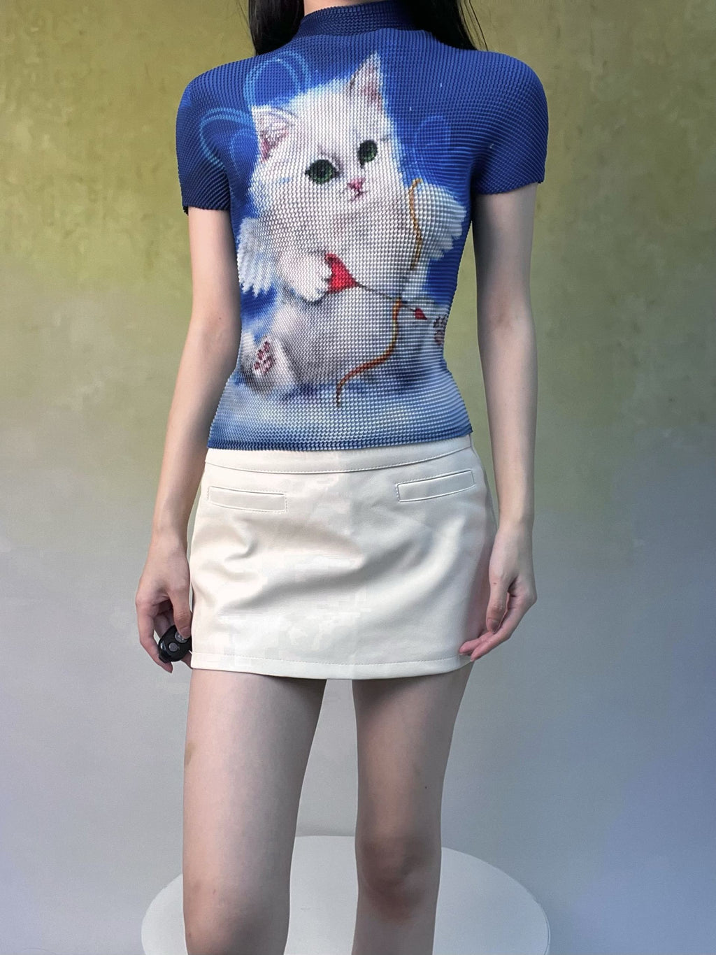 ANTIMOON_Playful_Retro_Animal_Print_Ruched_Women's_Polyester_Short_Sleeve_T-shirts_1046675726690_MISSTT