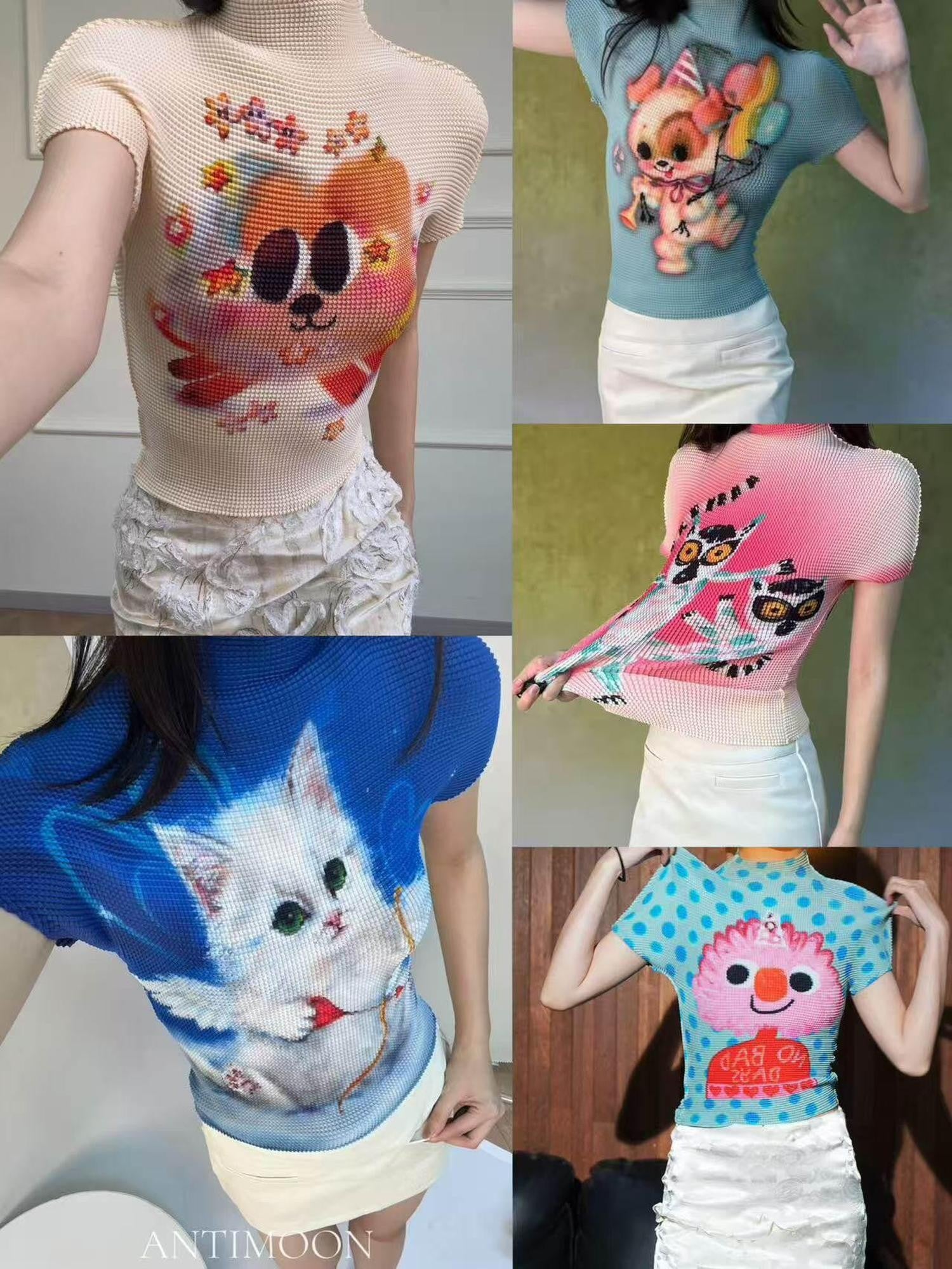 ANTIMOON Playful Retro Animal Print Ruched Women's Polyester Short Sleeve T-shirts