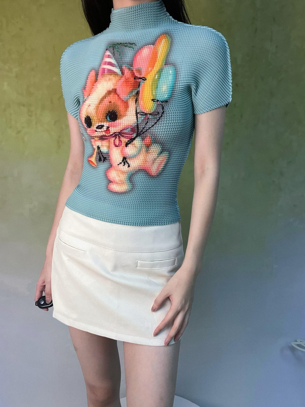 ANTIMOON Playful Retro Animal Print Ruched Women's Polyester Short Sleeve T-shirts