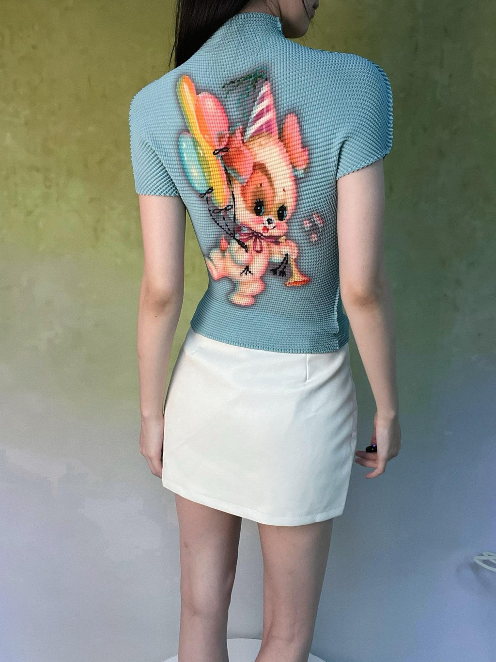 ANTIMOON Playful Retro Animal Print Ruched Women's Polyester Short Sleeve T-shirts