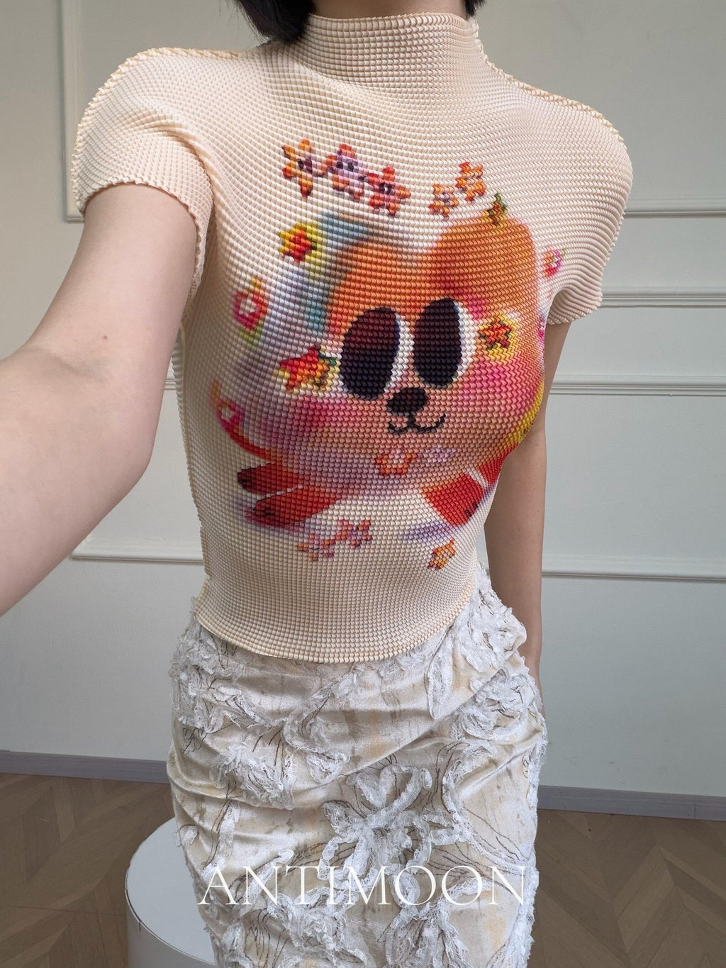 ANTIMOON Playful Retro Animal Print Ruched Women's Polyester Short Sleeve T-shirts