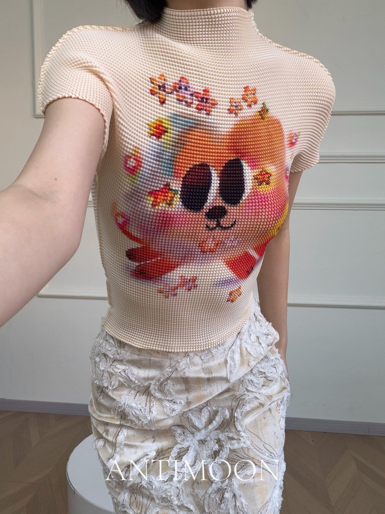 ANTIMOON Playful Retro Animal Print Ruched Women's Polyester Short Sleeve T-shirts