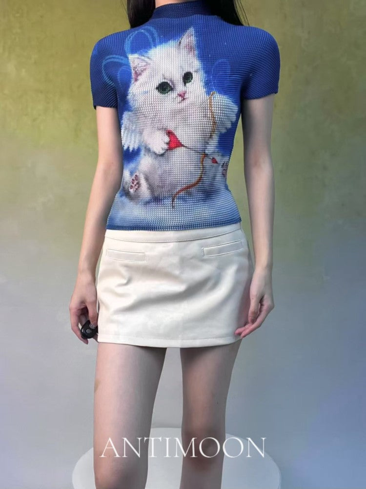 ANTIMOON Playful Retro Animal Print Ruched Women's Polyester Short Sleeve T-shirts