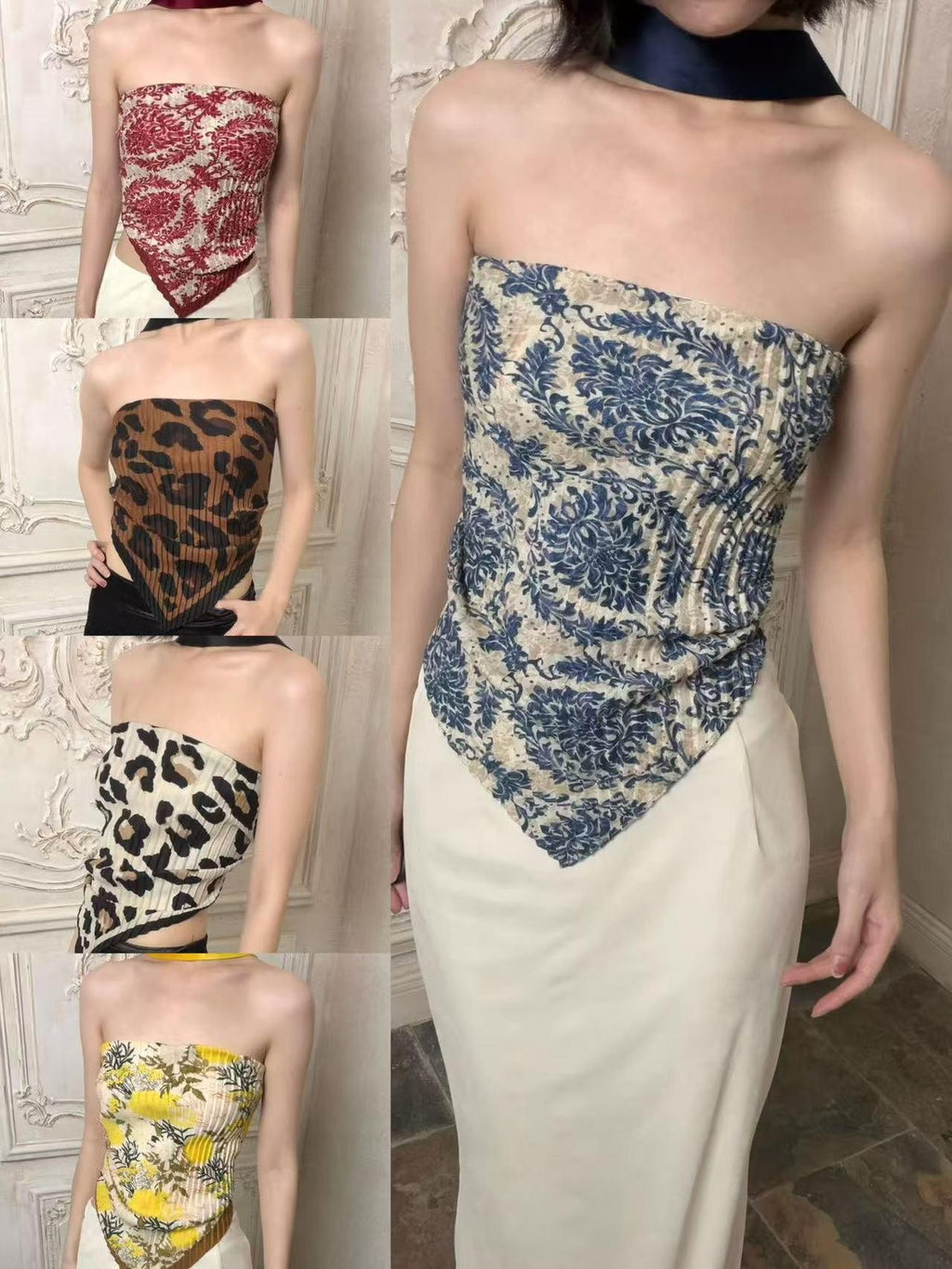 ANTIMOON Pleated Leopard Print Halter Scarf Tie Women's Cotton Linen Tube Tops