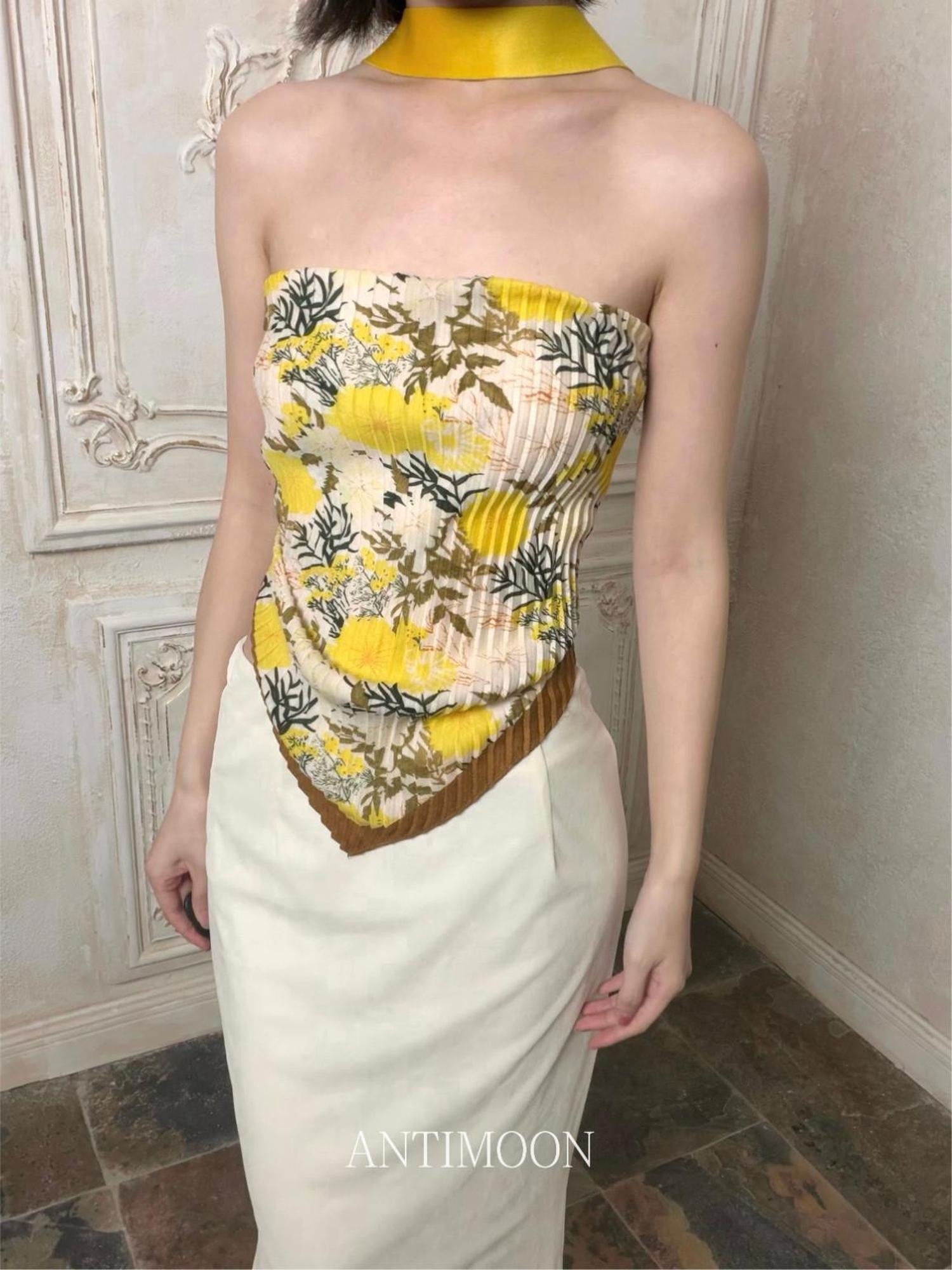 ANTIMOON Pleated Leopard Print Halter Scarf Tie Women's Cotton Linen Tube Tops