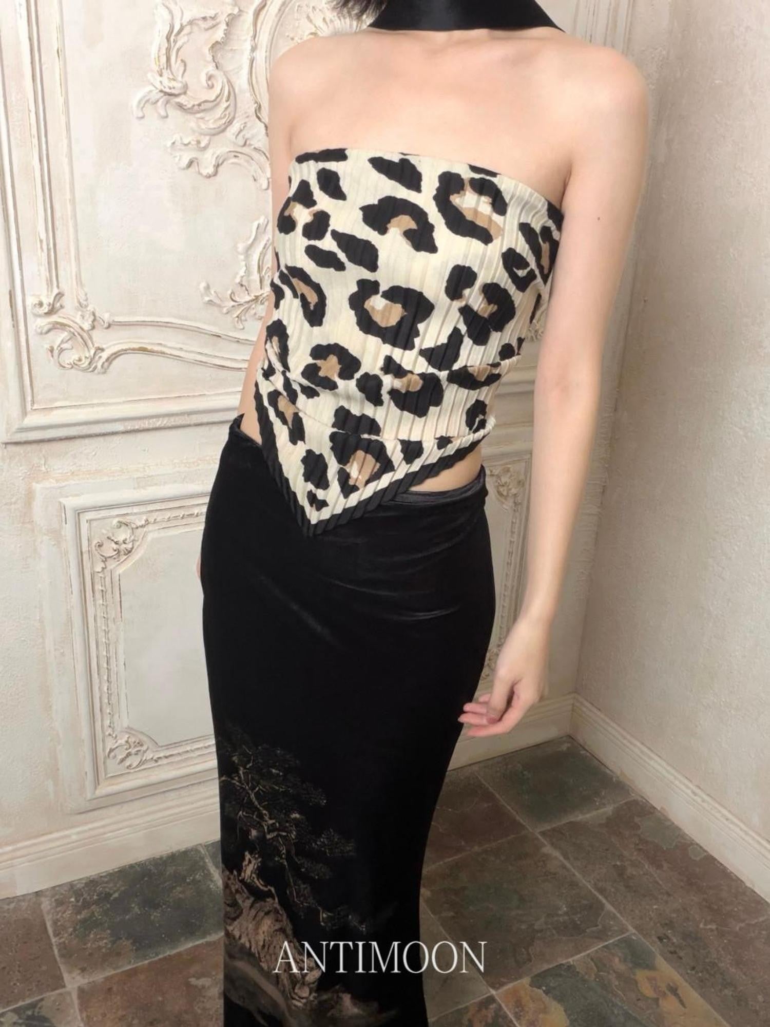 ANTIMOON Pleated Leopard Print Halter Scarf Tie Women's Cotton Linen Tube Tops