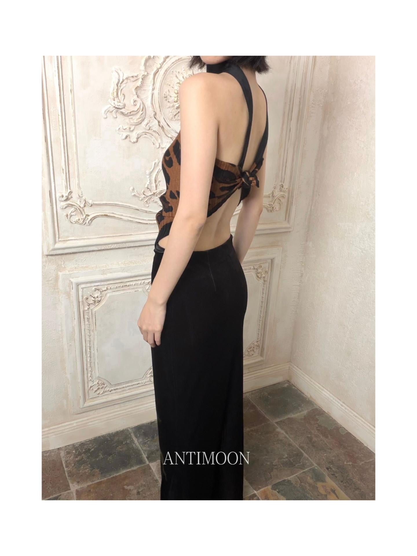 ANTIMOON Pleated Leopard Print Halter Scarf Tie Women's Cotton Linen Tube Tops