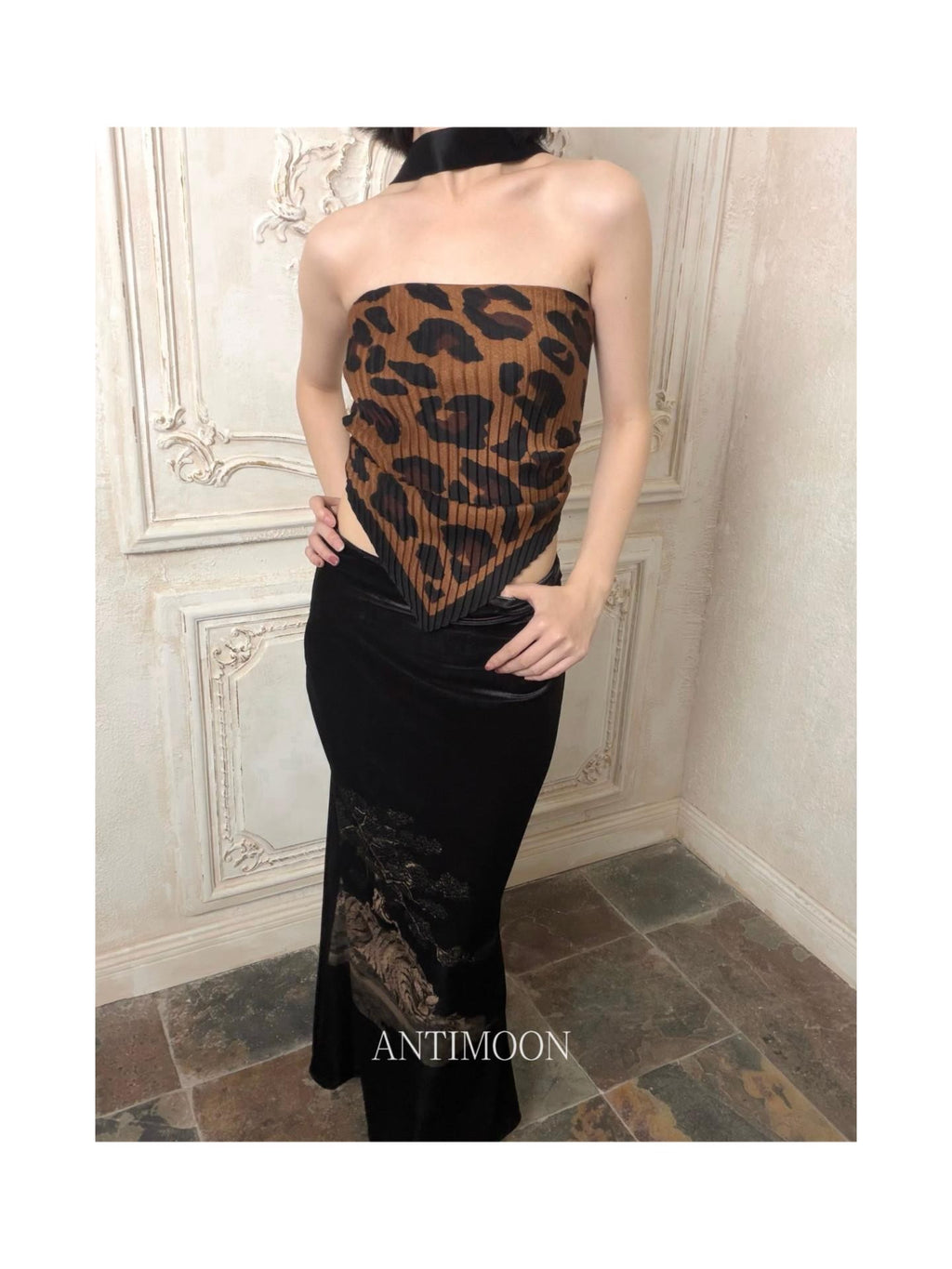 ANTIMOON Pleated Leopard Print Halter Scarf Tie Women's Cotton Linen Tube Tops
