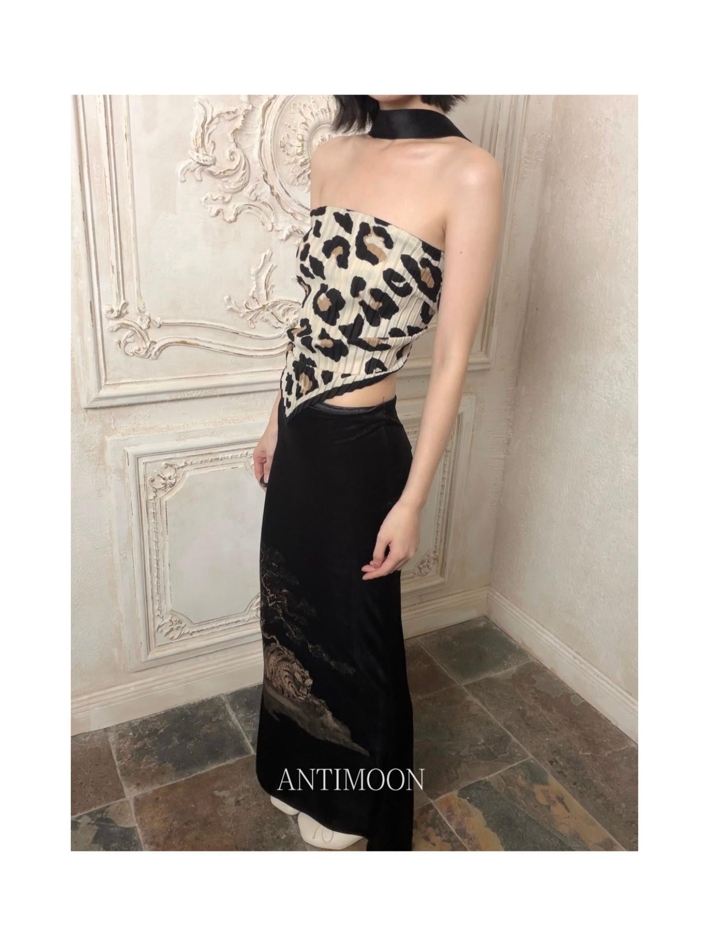 ANTIMOON Pleated Leopard Print Halter Scarf Tie Women's Cotton Linen Tube Tops