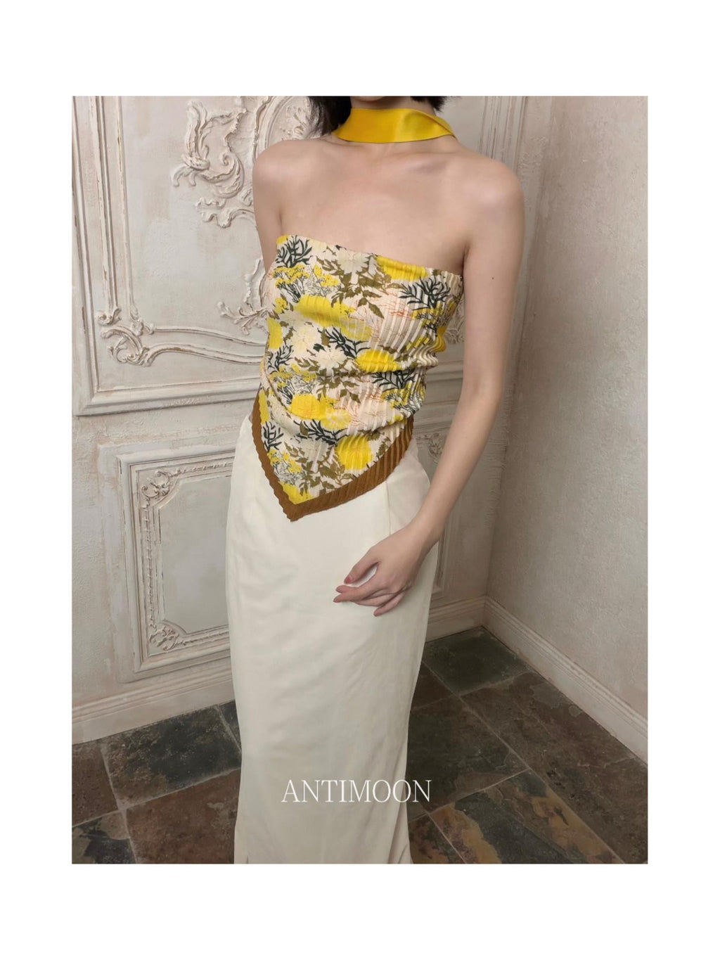 ANTIMOON Pleated Leopard Print Halter Scarf Tie Women's Cotton Linen Tube Tops