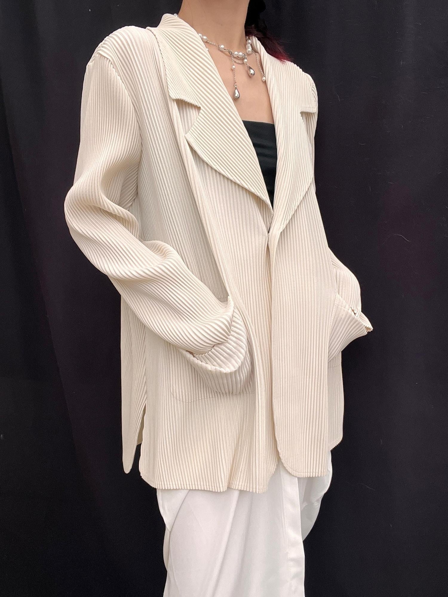 ANTIMOON Pleated Texture Wrinkle Free Casual Women's Beige Black Orange Blazers