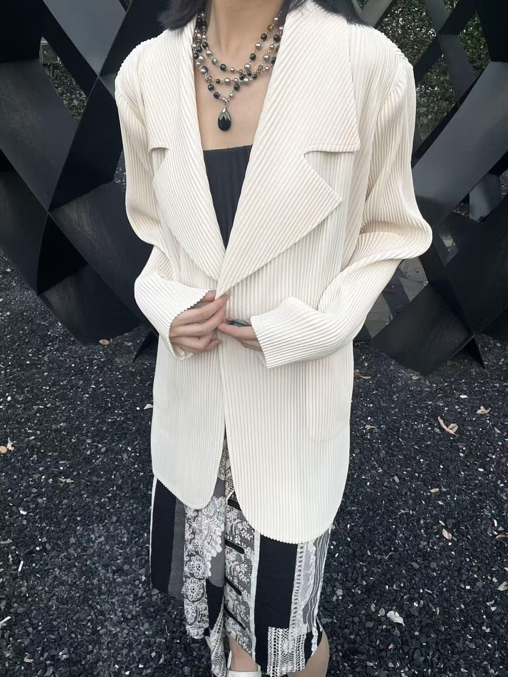 ANTIMOON Pleated Texture Wrinkle Free Casual Women's Beige Black Orange Blazers