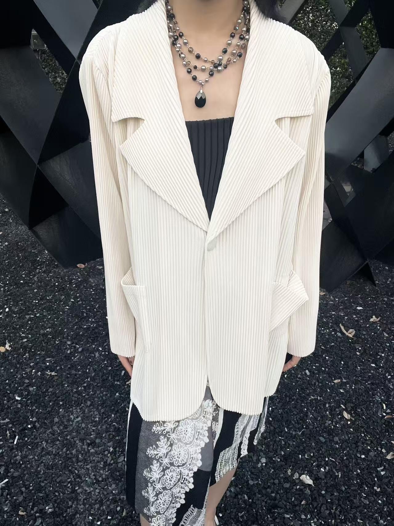 ANTIMOON Pleated Texture Wrinkle Free Casual Women's Beige Black Orange Blazers