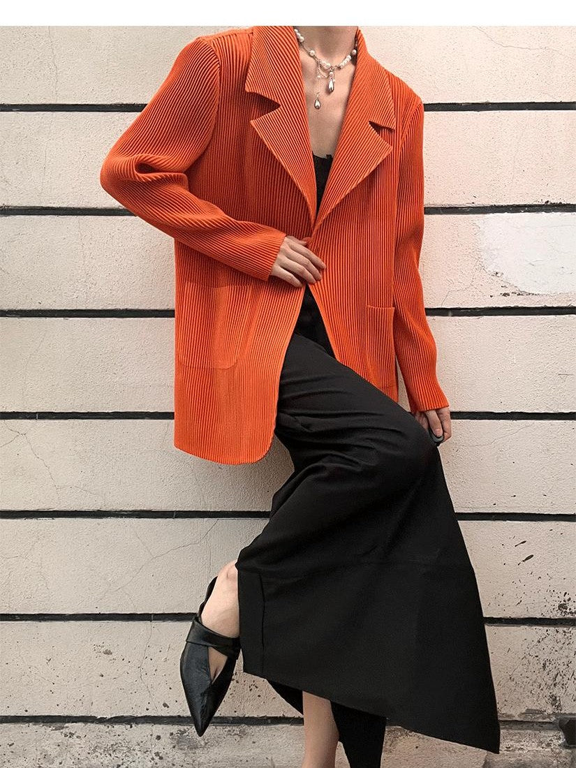 ANTIMOON Pleated Texture Wrinkle Free Casual Women's Beige Black Orange Blazers