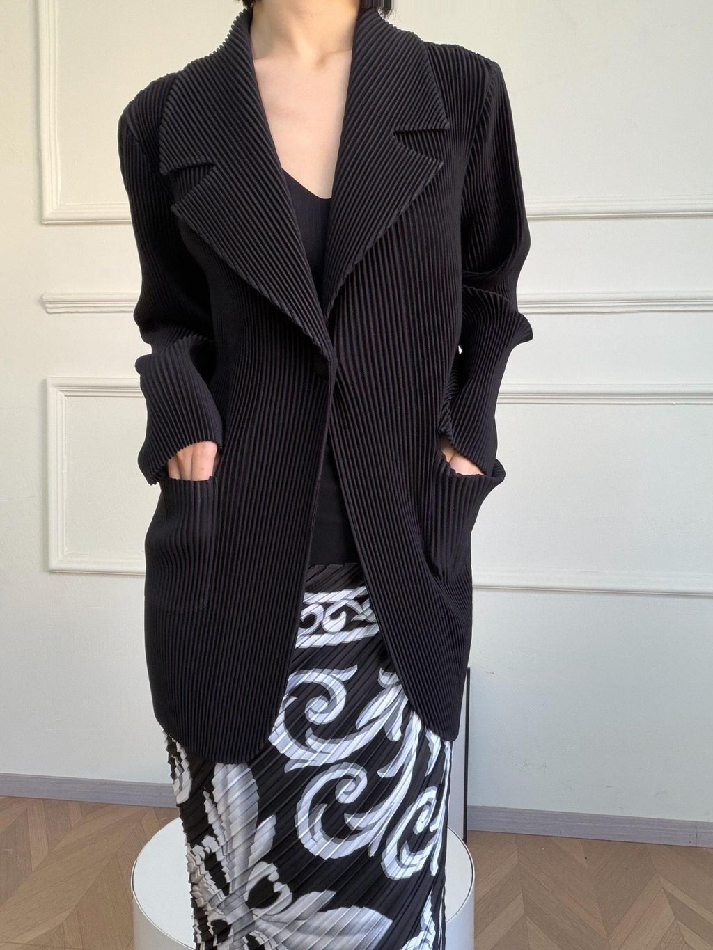 ANTIMOON Pleated Texture Wrinkle Free Casual Women's Beige Black Orange Blazers
