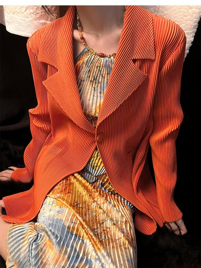 ANTIMOON Pleated Texture Wrinkle Free Casual Women's Beige Black Orange Blazers