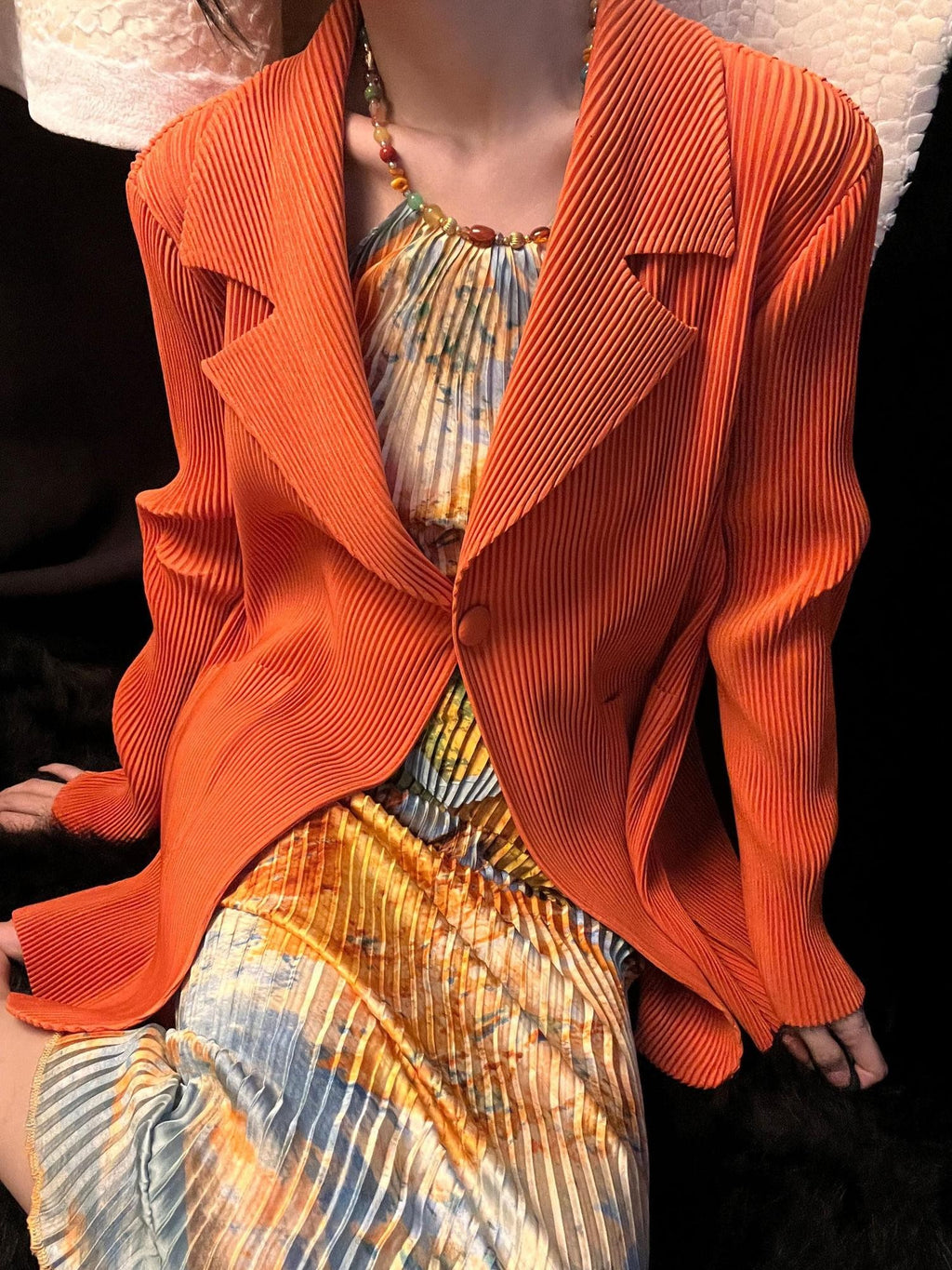 ANTIMOON Pleated Texture Wrinkle Free Casual Women's Beige Black Orange Blazers