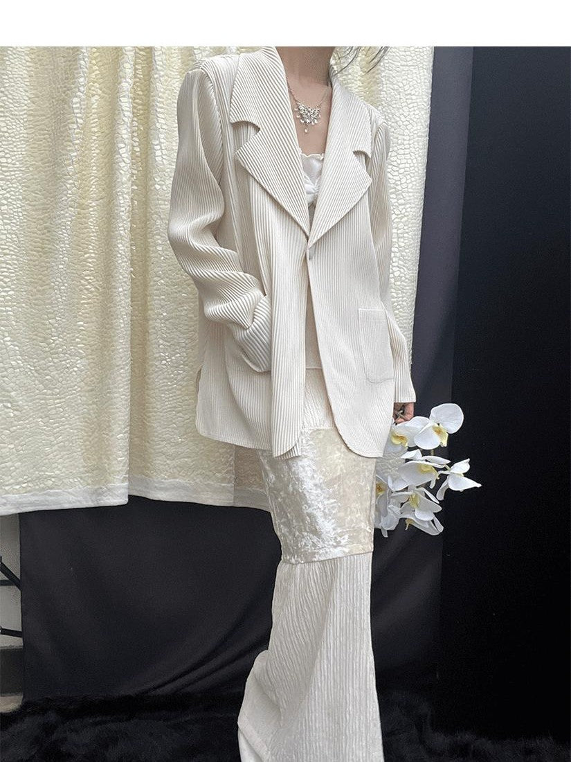 ANTIMOON Pleated Texture Wrinkle Free Casual Women's Beige Black Orange Blazers