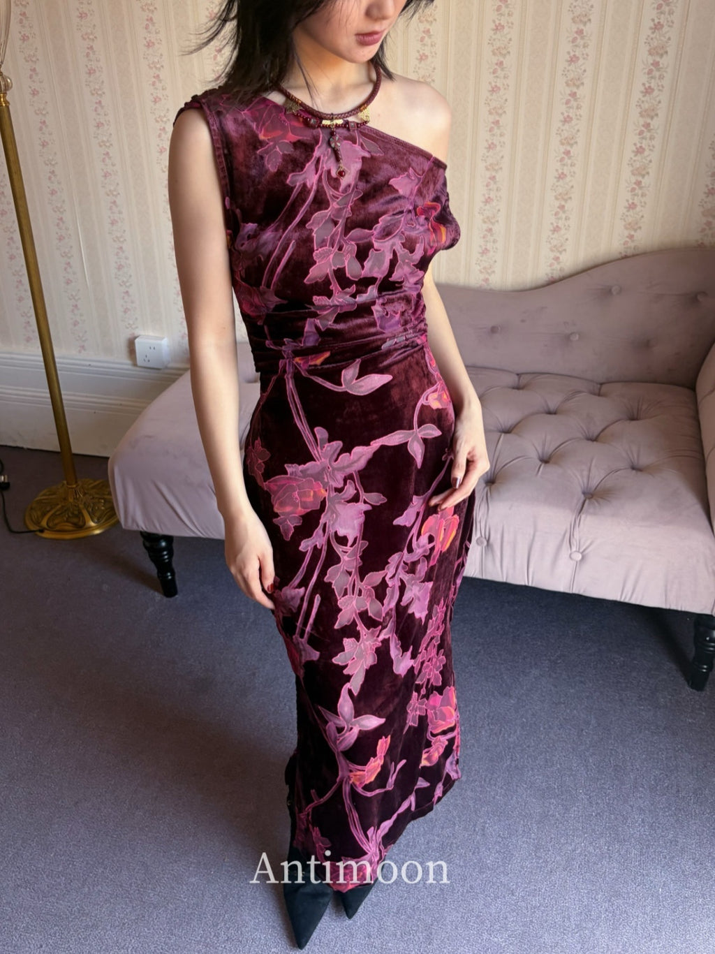 ANTIMOON_Plum_Red_One_Shoulder_Cheongsam_Print_Vintage_Women's_Velvet_Slip_Maxi_Dresses_1038636680636_MISSTT