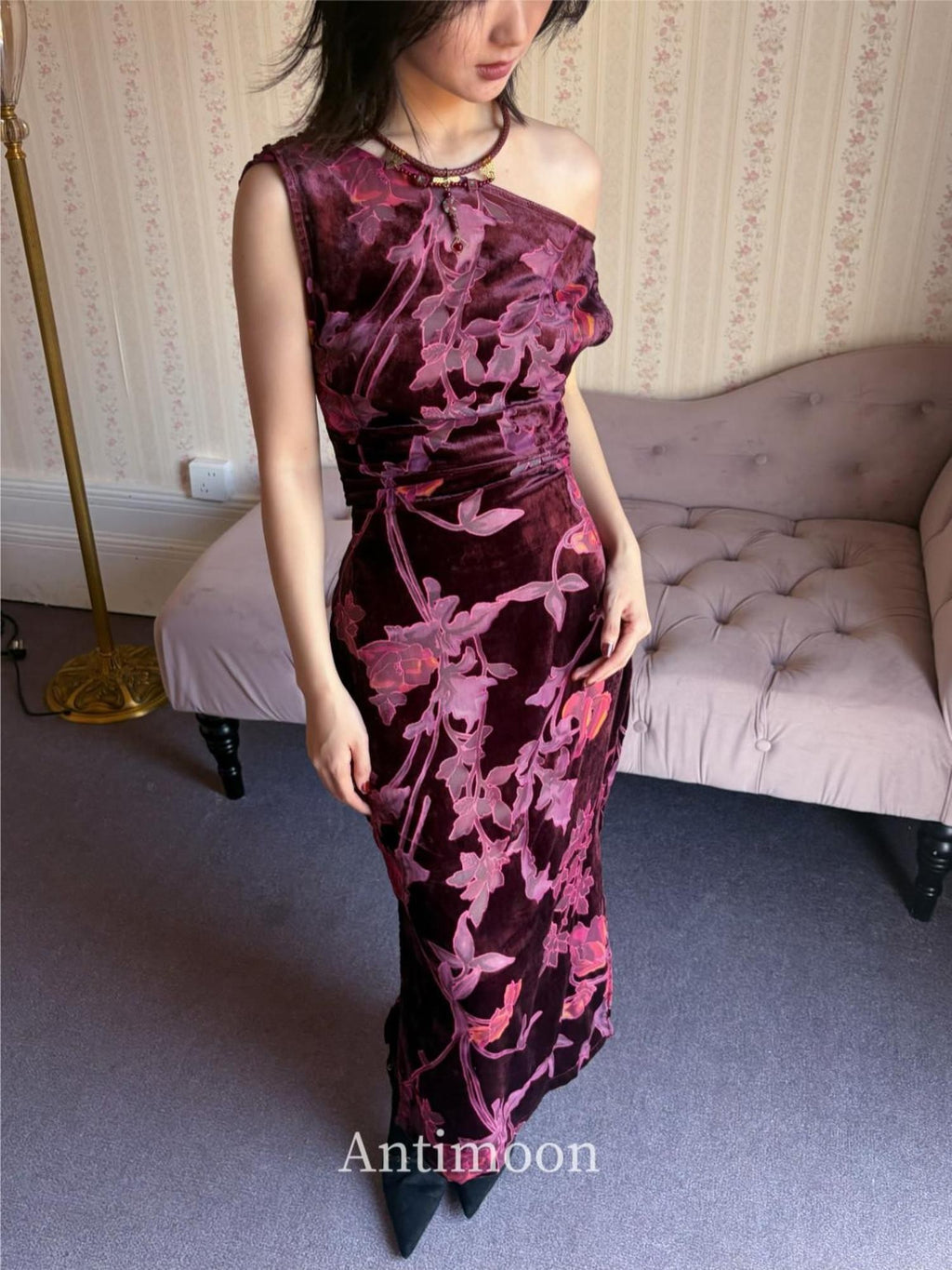 ANTIMOON Plum Red One Shoulder Cheongsam Print Vintage Women's Velvet Slip Maxi Dresses