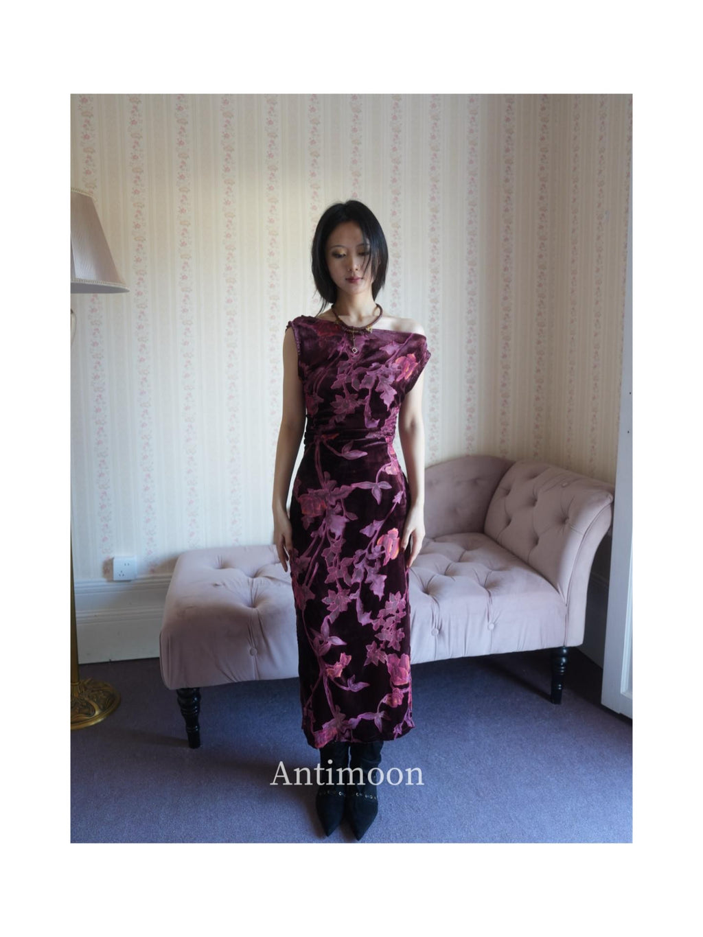 ANTIMOON Plum Red One Shoulder Cheongsam Print Vintage Women's Velvet Slip Maxi Dresses