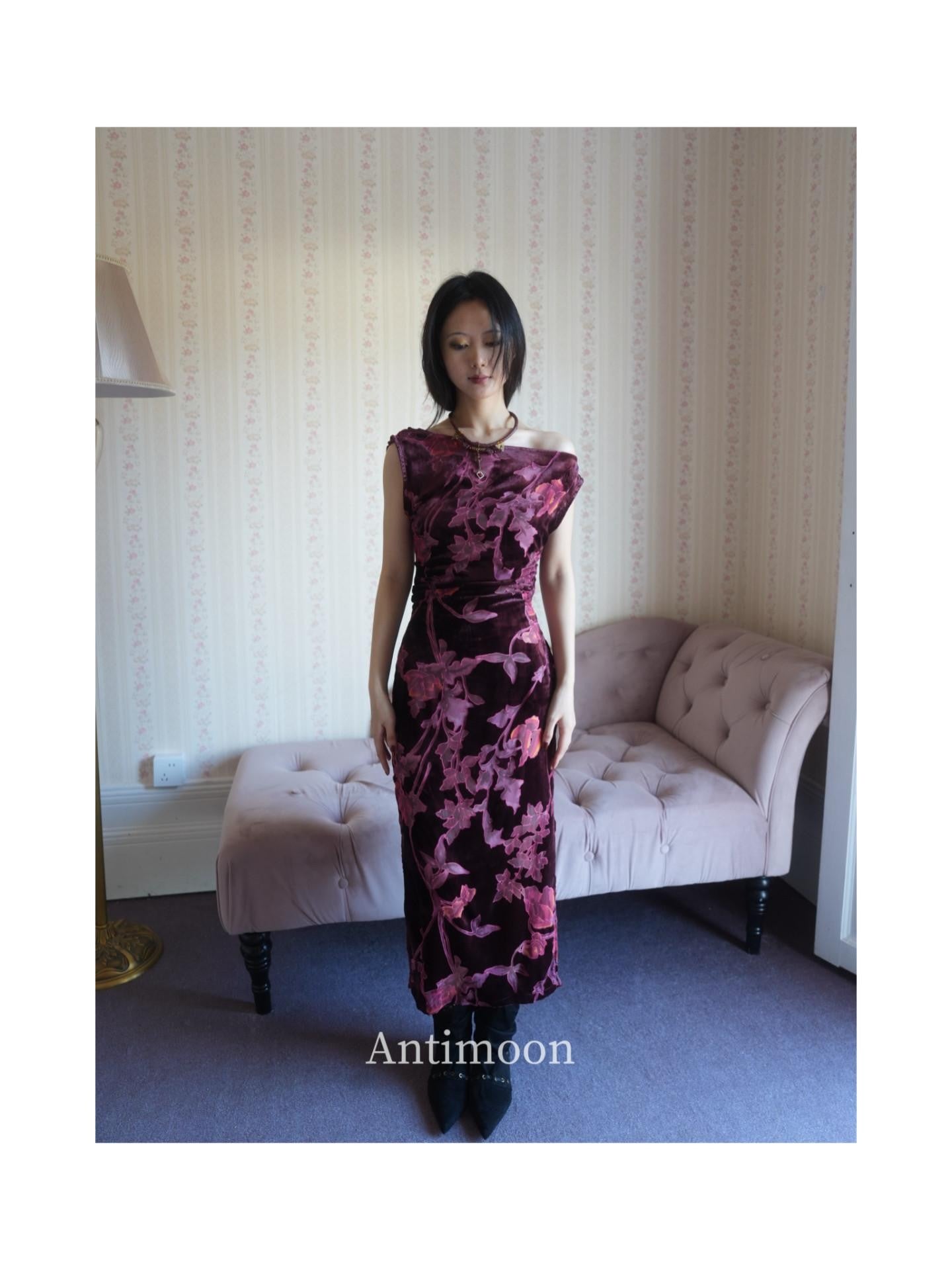 ANTIMOON Plum Red One Shoulder Cheongsam Print Vintage Women's Velvet Slip Maxi Dresses