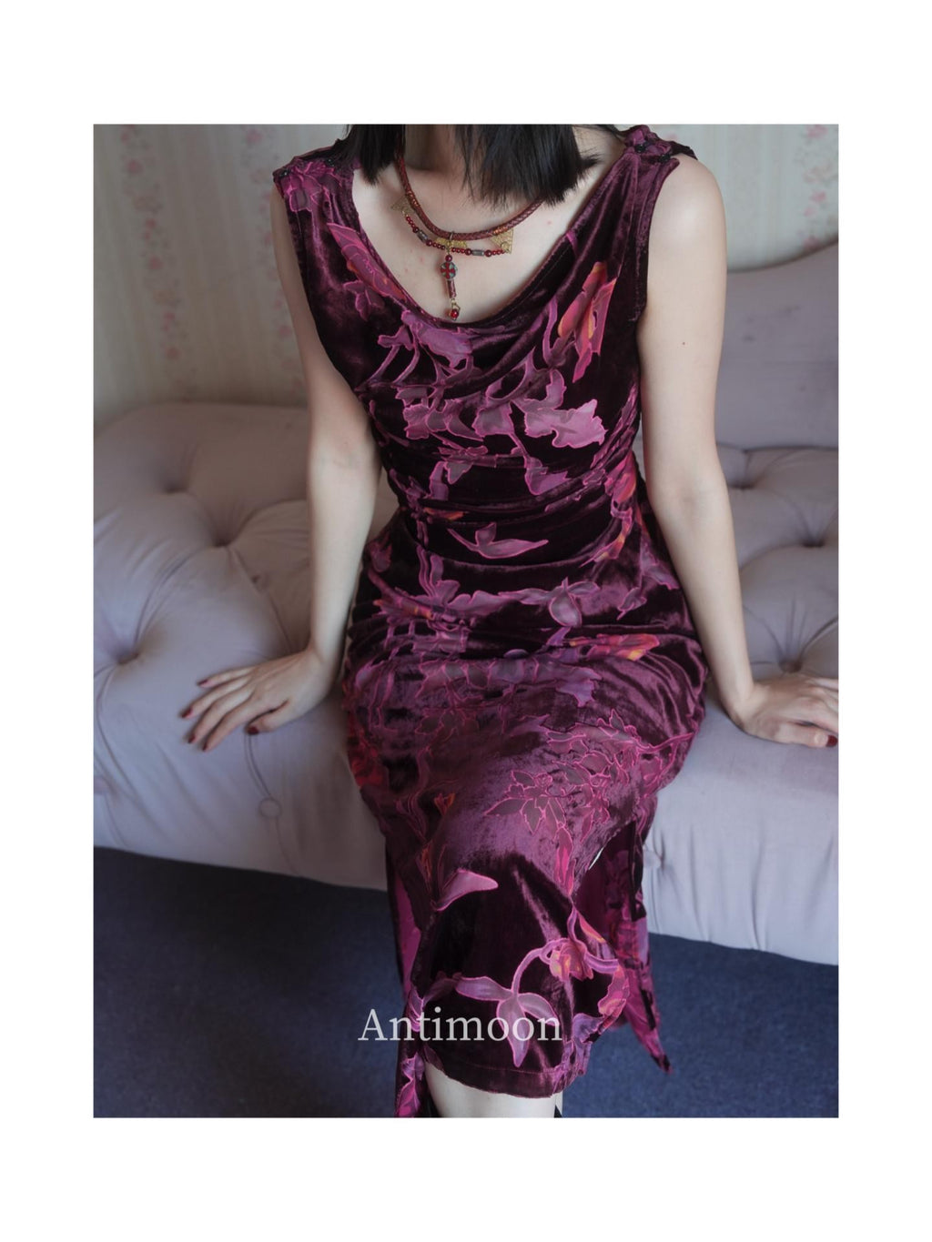 ANTIMOON Plum Red One Shoulder Cheongsam Print Vintage Women's Velvet Slip Maxi Dresses