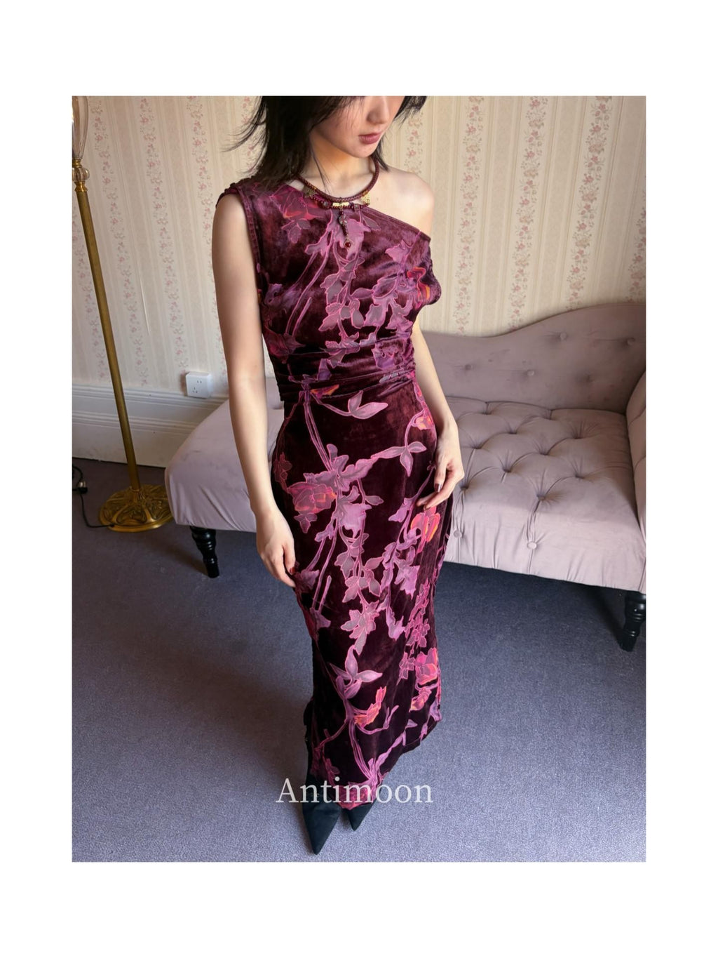ANTIMOON Plum Red One Shoulder Cheongsam Print Vintage Women's Velvet Slip Maxi Dresses