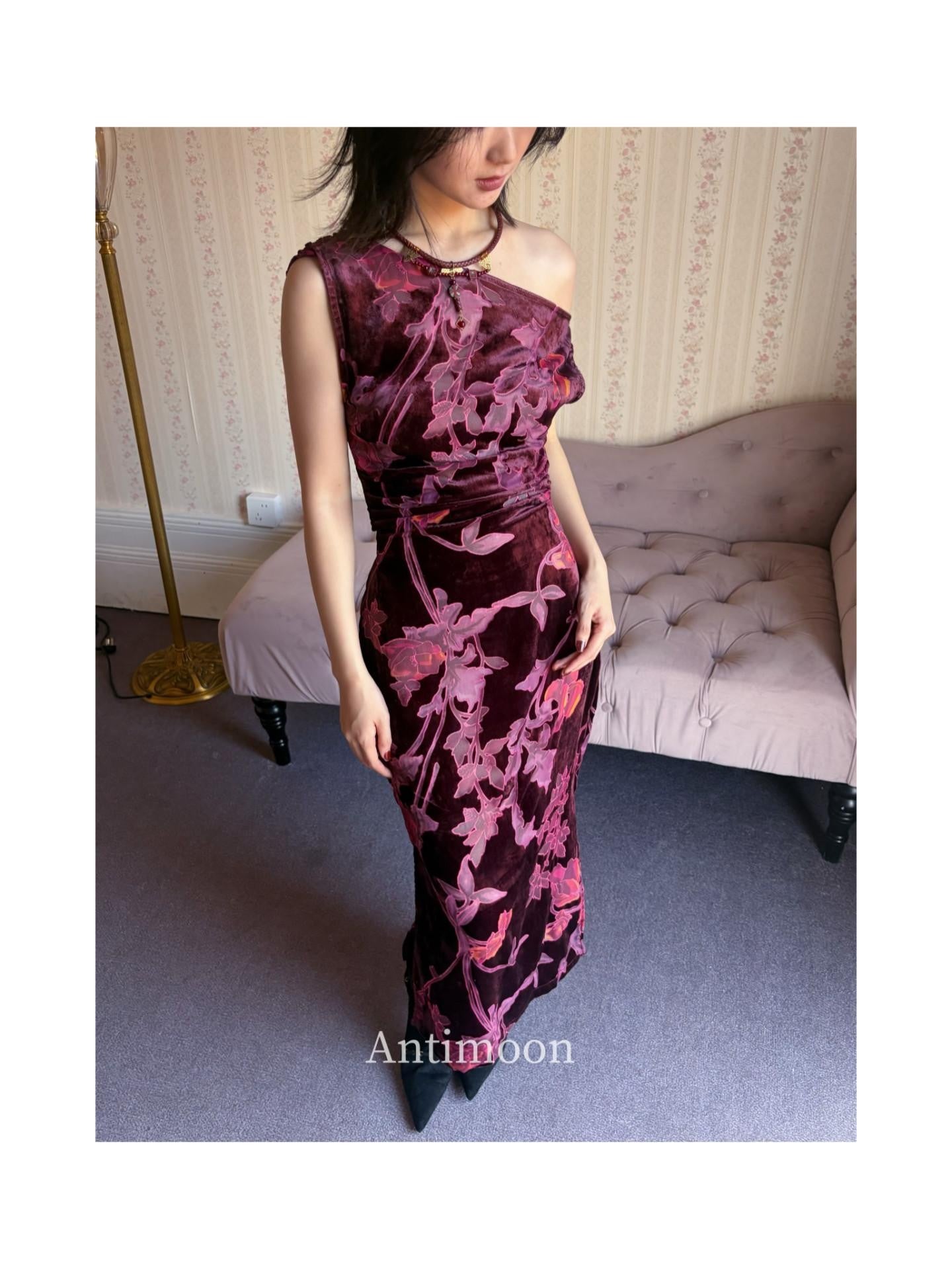 ANTIMOON Plum Red One Shoulder Cheongsam Print Vintage Women's Velvet Slip Maxi Dresses