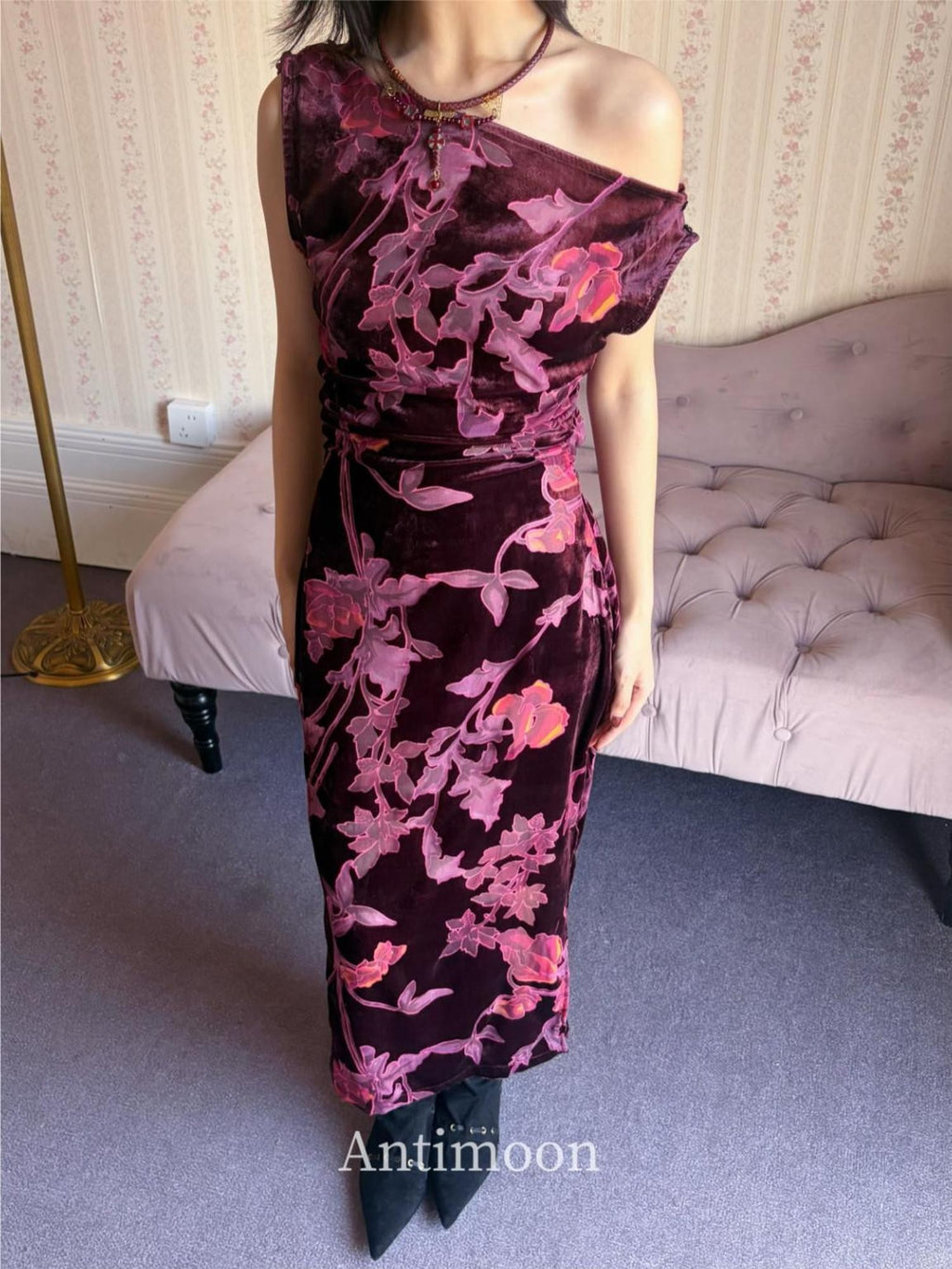 ANTIMOON Plum Red One Shoulder Cheongsam Print Vintage Women's Velvet Slip Maxi Dresses